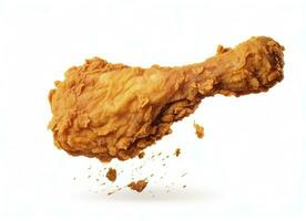 AI generated Fried chicken leg falling in the air isolated on a white background. AI Generated. photo