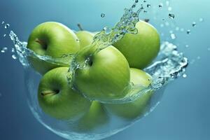 AI generated Fresh green apples fall into the water with a splash on blue background. photo