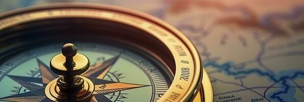 AI generated Magnetic compass and location marking with a pin on routes on world map. AI Generated photo