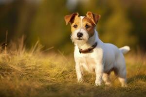 AI generated Happy jack russell terrier pet dog waiting, listening in the grass. AI Generated photo