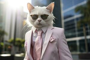 AI generated A cat is wearing sunglasses, suit and standing on street. AI Generated photo