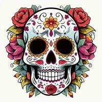 AI generated Mexican roses skull. Mexican roses skull. Dia de los muertos shugar colorful head. AI Generated photo