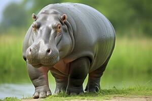 AI generated Hippopotamus Walking in a green field. AI Generated photo