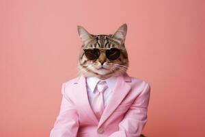 AI generated A cat is wearing sunglasses and suit on Pink Background. AI Generated photo