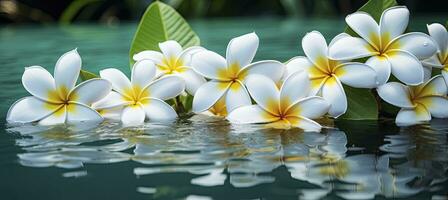 ai generado plumeria flores en verde hoja flotante en agua. un pacífico y sereno escena con un toque de naturaleza y belleza. ai generado foto