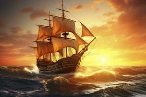 AI generated Pirate ship sailing on the ocean at sunset. Vintage cruise. AI Generated photo