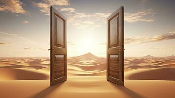 AI generated The opened door on the desert. Unknown and start up concept. AI Generated. photo