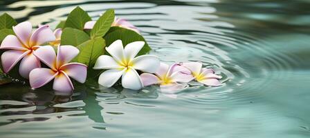 AI generated Plumeria flowers on green leaf floating on water. A peaceful and serene scene with a touch of nature and beauty. AI Generated photo