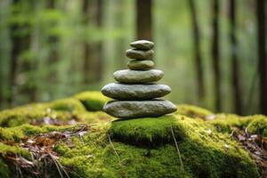 ai generado pirámide piedras equilibrar en antiguo cubierto de musgo caído árbol. ai generado foto