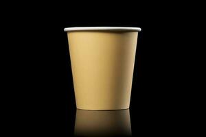 AI generated Side view yellow empty disposable paper fast food cup isolated on black background. Generative AI photo