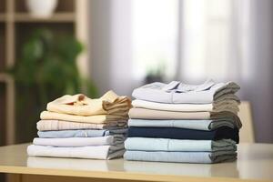 AI generated Stack of clean clothes on table in room. Generative AI photo