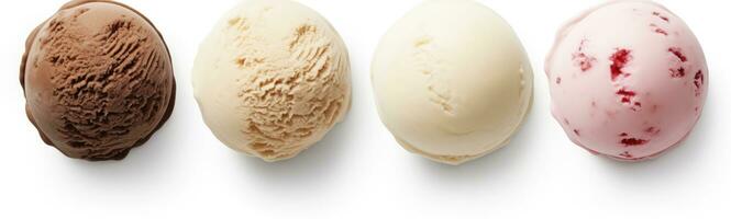 AI generated Set of four various ice cream balls or scoops isolated on white background. AI Generated photo