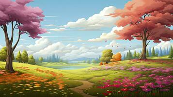 AI generated Spring season with colorful flowers and trees in a pretty meadow or field. AI Generated. photo