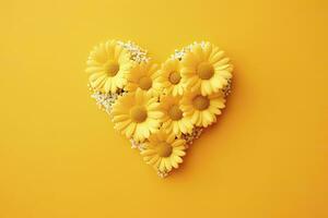 AI generated Yellow Heart Shaped By Yellow Daisies Over Yellow Background. AI Generated photo