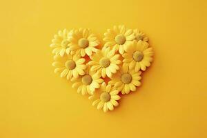 AI generated Yellow Heart Shaped By Yellow Daisies Over Yellow Background. AI Generated photo