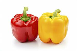 AI generated Two bell peppers, a red and a yellow isolated on white background. AI Generated. photo