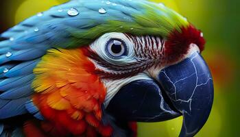 AI generated Tropical macaw perched, vibrant feathers in focus. Generative AI photo