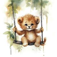 AI generated Cute happy baby lion on swings attached to the tree in watercolor style. AI Generated photo