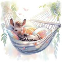 AI generated A sleepy baby zebra in a hammock. watercolor illustrations. AI Generated photo