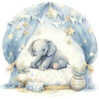 AI generated An elephant on a bed with stars and blankets around the circle. AI Generated photo