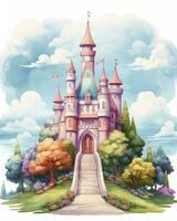 AI generated Colorful watercolor kawaii castle isolated on white background. AI Generated photo