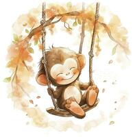 AI generated Cute happy baby monkey on swings on a tree in watercolor. AI Generated photo