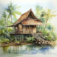 AI generated A watercolored bright serene image of a traditional bahay kubo. AI Generated photo