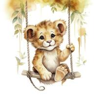 AI generated Cute happy baby lion on swings attached to the tree in watercolor style. AI Generated photo