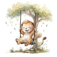 AI generated Cute and happy baby lion on swings on the tree in watercolor style. AI Generated photo