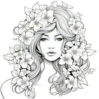 AI generated A girl on a coloring book page with Jasmine flowers. AI Generated photo