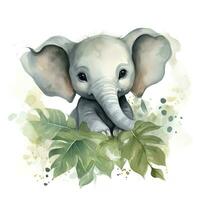 AI generated Happy cute baby elephant in green leaves in the watercolor style. AI Generated photo