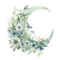 AI generated Watercolor floral Moon with greenery on a white background. AI Generated photo