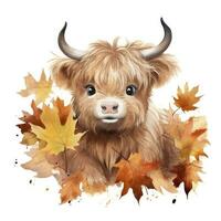 ai generado contento linda bebé tierras altas vaca en otoño hojas en el acuarela estilo. ai generado foto