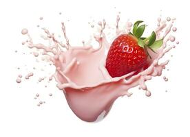 AI generated milk or yogurt splash with strawberries isolated on white background, 3d rendering. AI Generated photo