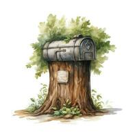 AI generated Watercolor mailbox in a tree on a white background. AI Generated photo