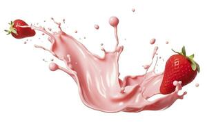 AI generated milk or yogurt splash with strawberries isolated on white background, 3d rendering. AI Generated photo