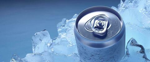 AI generated Top of drink tin can iced submerged in frost ice, metal aluminum beverage. Generative AI photo