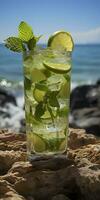 AI generated Stunning photo of cocktail mojito, a sunny summer beach in the background. Generative AI