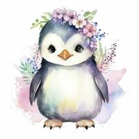 AI generated Watercolor fantasy Baby Penguin clip art isolated white background. AI Generated photo