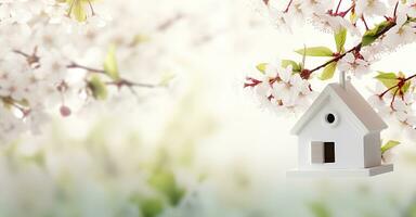 AI generated Toy house and cherry flowers, spring abstract natural background. Generative AI photo