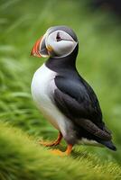 AI generated Puffin bird on a green grass patch. AI Generated photo