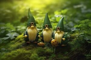 AI generated Toy Irish gnomes in a mystery forest, abstract green natural background. Generative AI photo