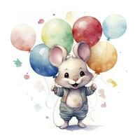 AI generated Watercolor mouse with balloons. AI Generated photo