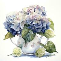AI generated Watercolor hydrangeas in teapot isolated on white background. AI Generated photo