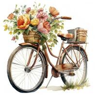 AI generated Watercolor bicycle with flowers in the basket isolated on white background.  AI Generated photo