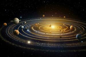 AI generated Our 3d Solar system with planets in orbits path. AI Generative photo