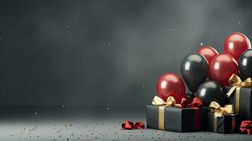 AI generated Black Friday sale banner with ballon and gift box space for text. AI Generated photo