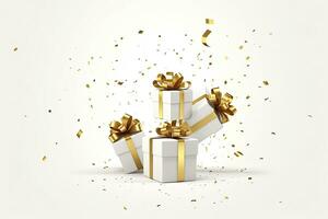 AI generated Merry New Year and Merry Christmas 2024 white gift boxes with golden bows and gold sequins confetti on white background. AI Generated photo