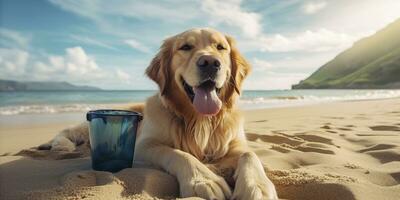 AI generated Golden Retriever dog is on summer vacation at seaside resort and relaxing rest on summer beach of Hawaii. AI Generative photo