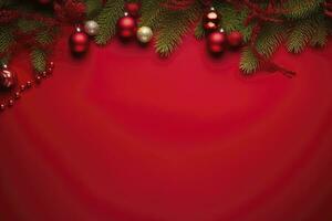 AI generated Christmas or New Year red background with fir decor. AI Generated photo